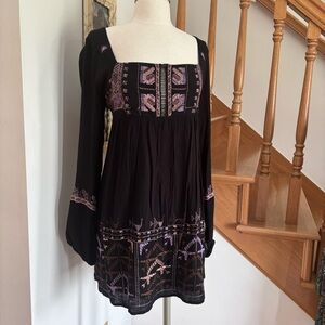 Free People Black Cotton Babydoll Mini Dress with Western Embroidered Pattern
